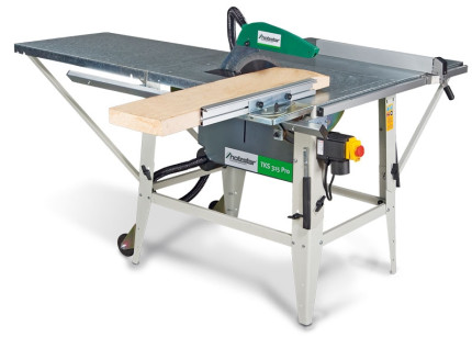 Stavební kotoučová pila Holzstar® TKS 315 Pro s prodloužením stolu, posuvným  suportem s úhlovým dorazem  a druhým hliníkovým dorazem.