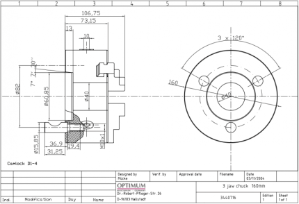 3-čeľusťové skľučovadlo Ø 160 mm Camlock 4